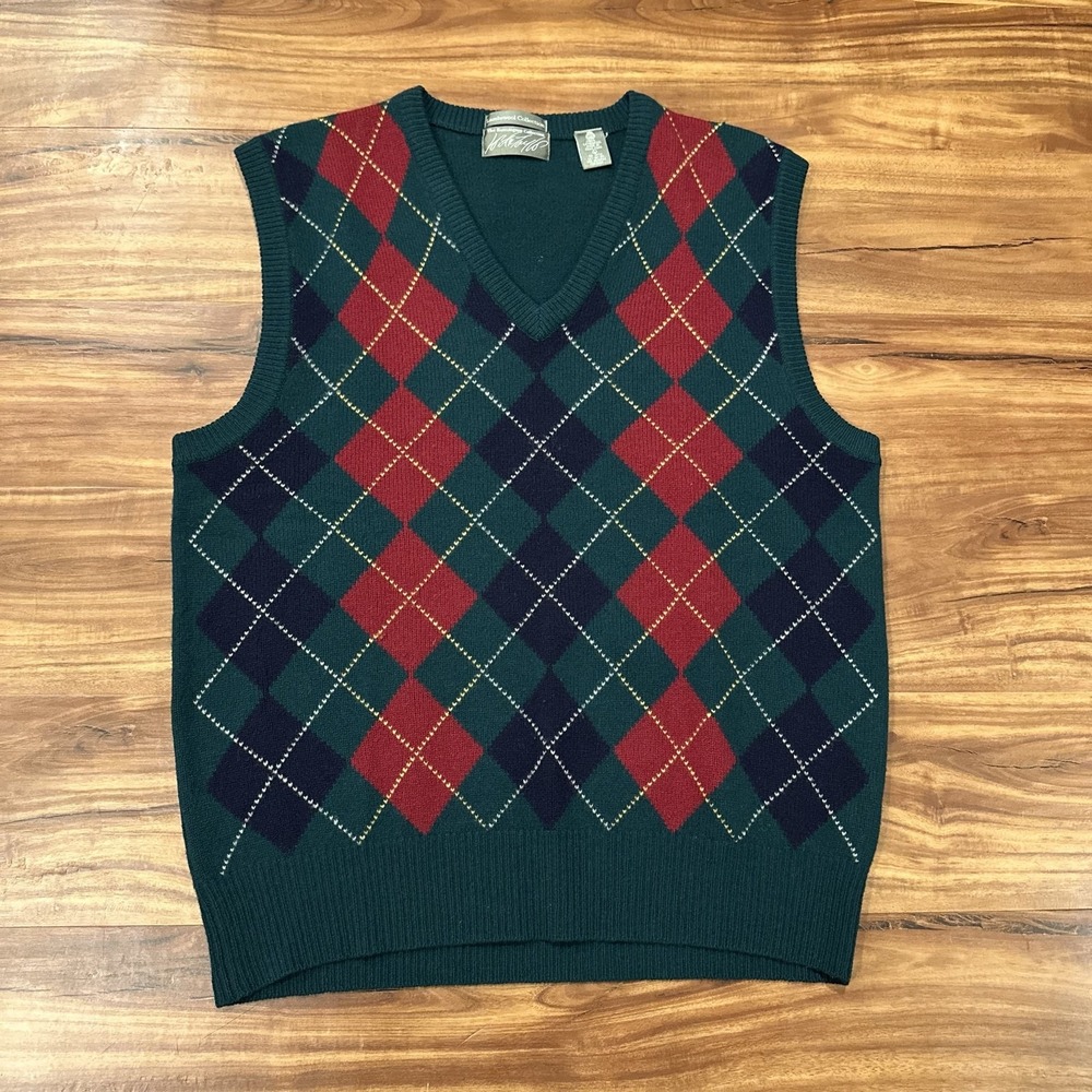 Lambswool Collection Sweater Vest Mens Large Green Argyle Wool V Neck Knit